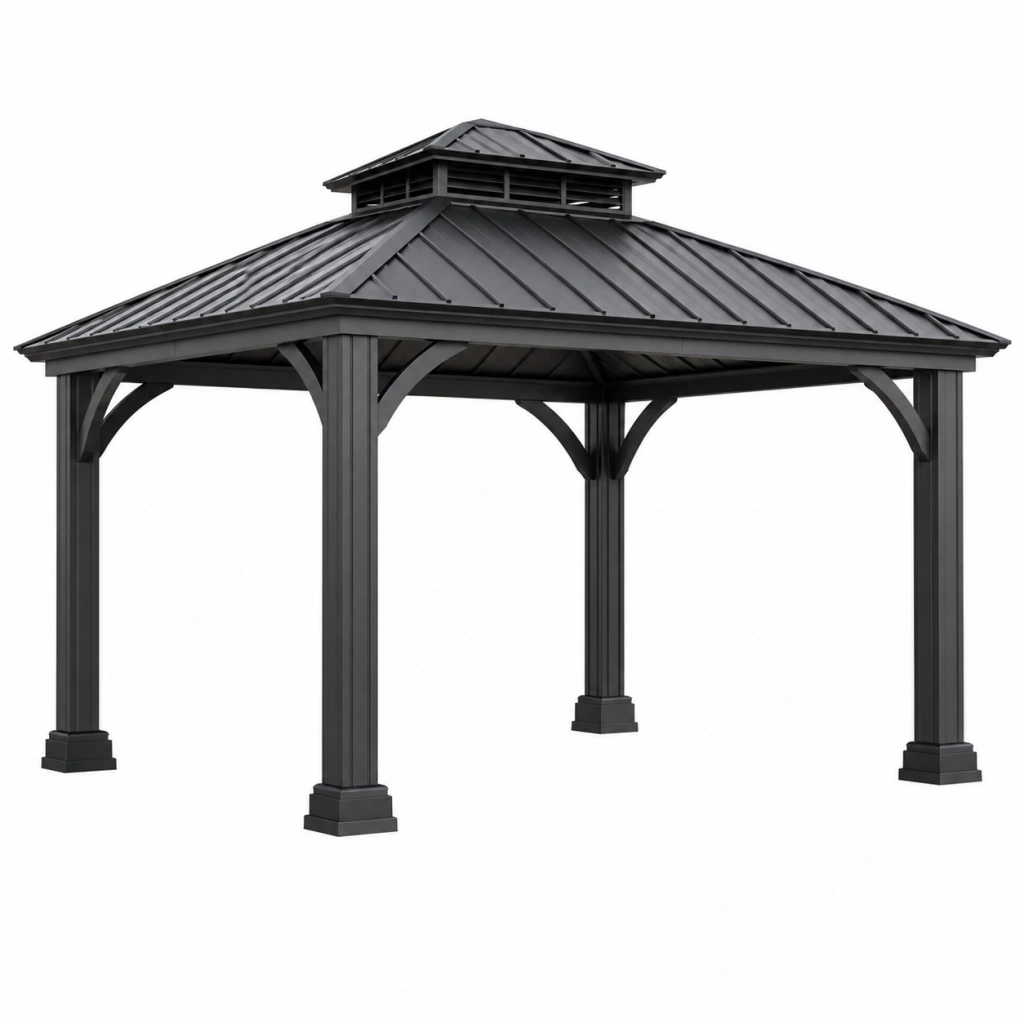 Gazebo da giardino 300 x 300 x 300 cm in metallo nero con tetto rigido ventilato