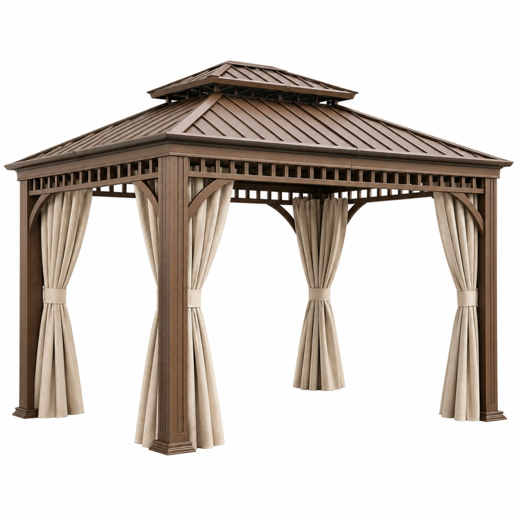 Gazebo da giardino 300 x 300 cm in metallo marrone con tende beige - stile classico