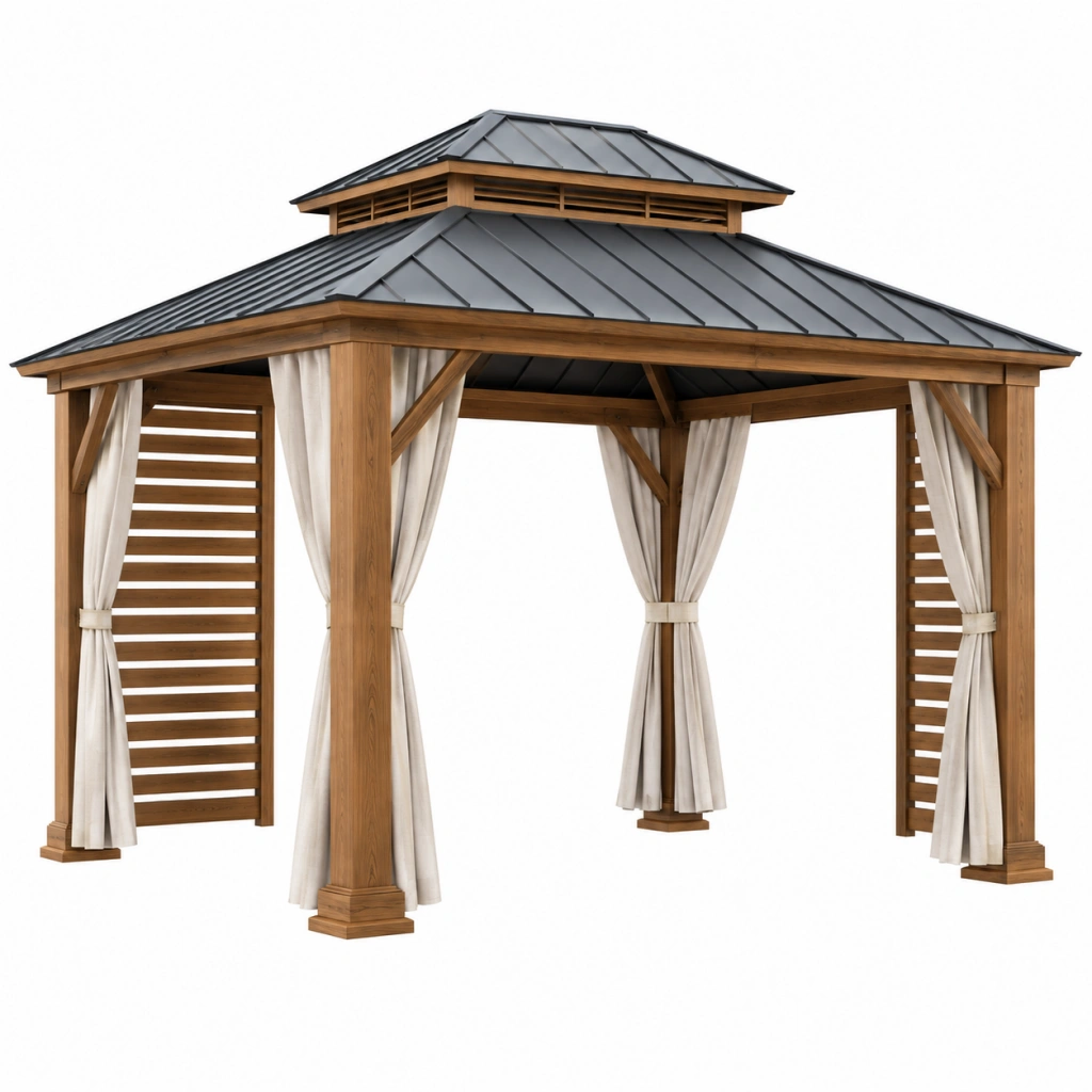 Gazebo da giardino 300 x 300 cm in legno marrone con tetto in metallo e tende beige