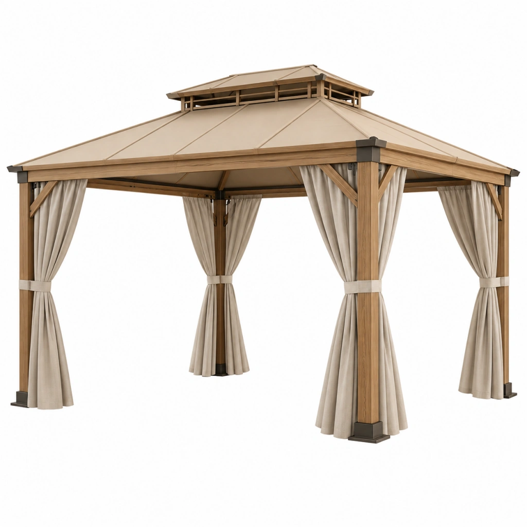 Gazebo da giardino 300 x 300 x 280 cm in metallo effetto legno beige con tende laterali