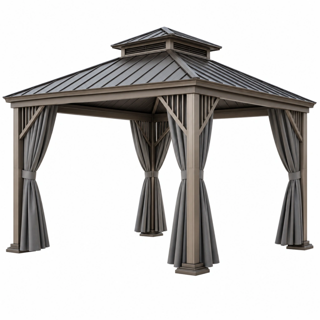 Gazebo da giardino 300 x 300 cm in metallo grigio con tende laterali e tetto ventilato