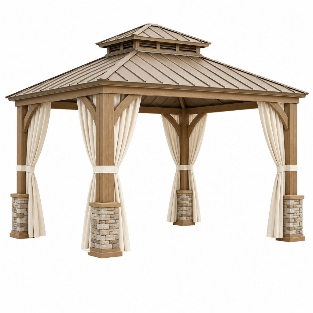 Gazebo da giardino 400 x 400 cm in legno beige con tende e tetto in metallo