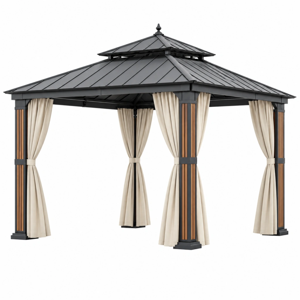 Gazebo da giardino 300 x 300 cm in metallo nero con tende beige - copertura a doppio tetto