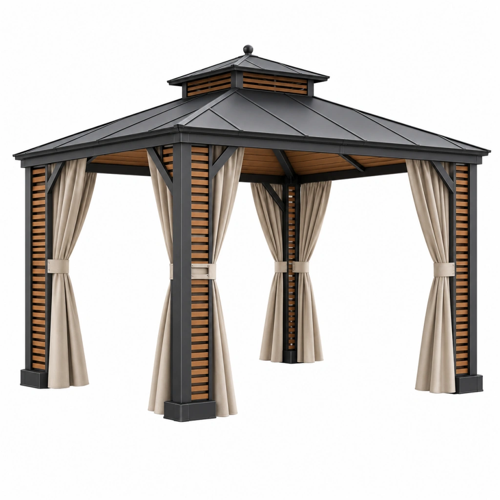 Gazebo da giardino 300 x 300 x 300 cm in metallo nero con tende beige - tetto a padiglione
