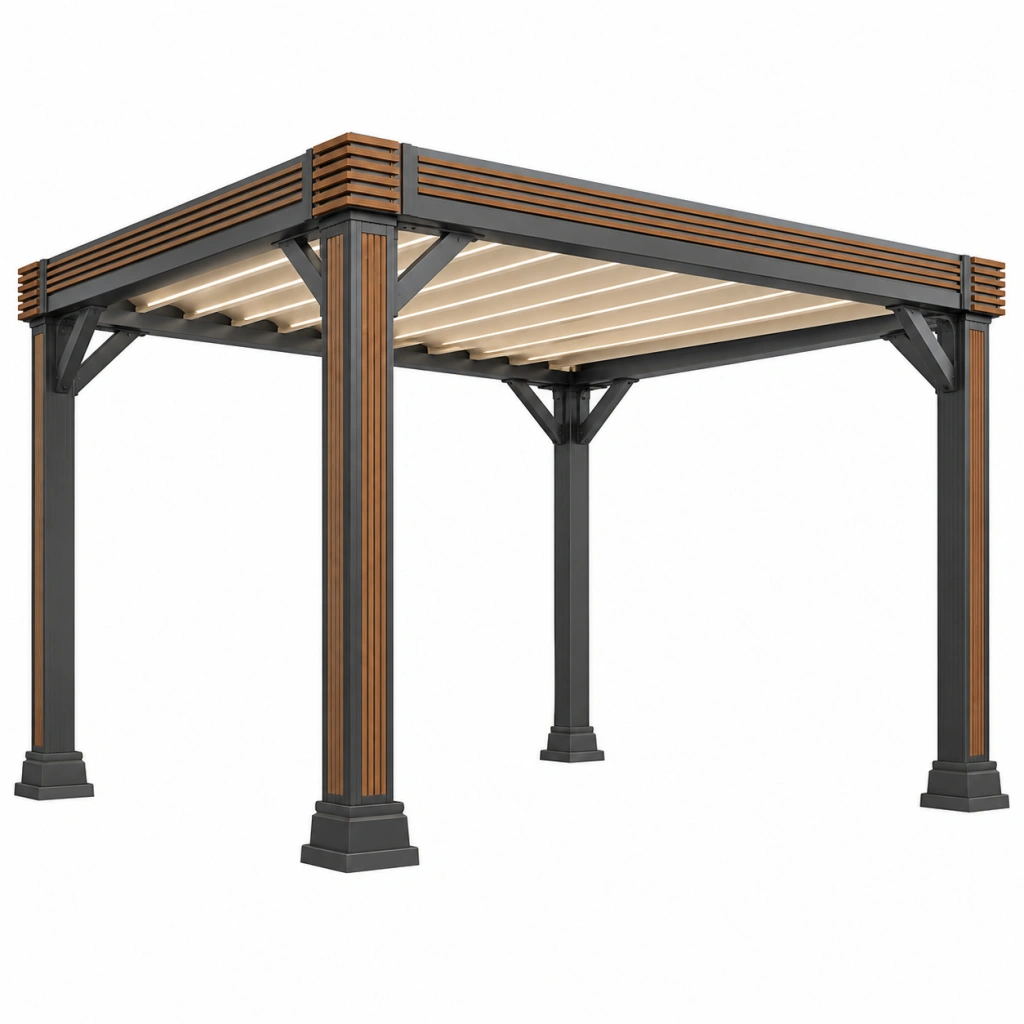 Pergola da giardino 400 x 300 cm in metallo antracite e effetto legno con illuminazione LED