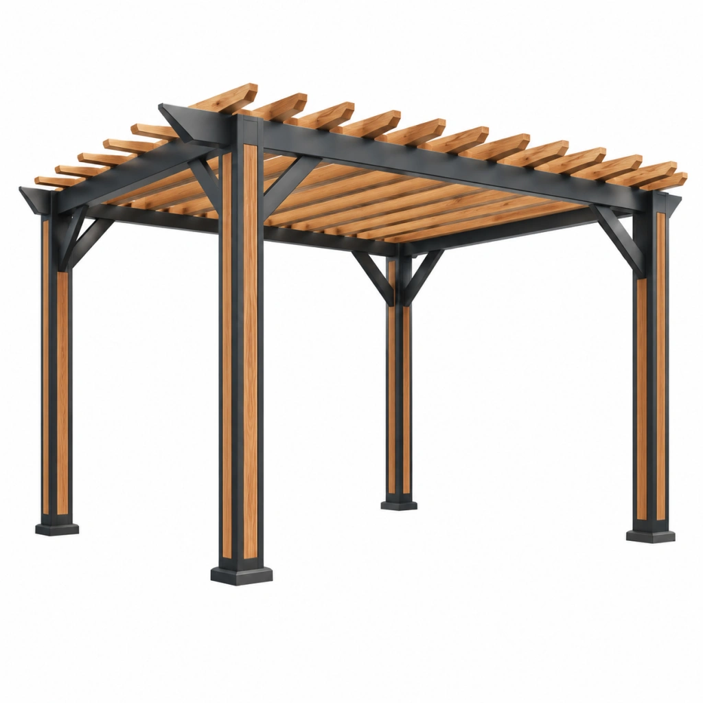 Pergola da giardino 300 x 300 x 240 cm in metallo e legno nero naturale con tetto a listelli