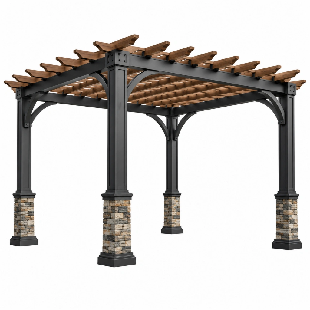 Pergola da giardino 360 x 360 x 300 cm in metallo e legno nero/marrone con copertura a listelli