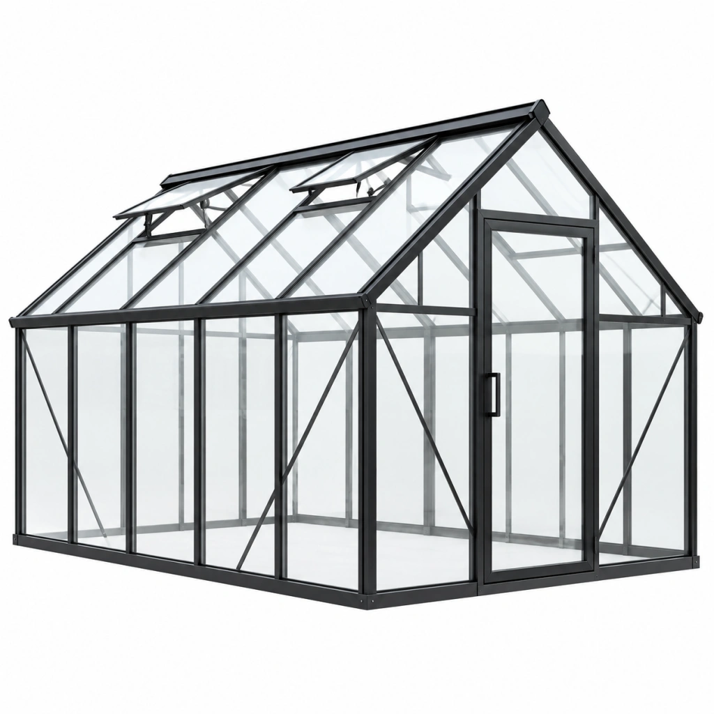 Serra da giardino 190 x 190 x 195 cm in alluminio nero con pannelli trasparenti e tetto ventilato