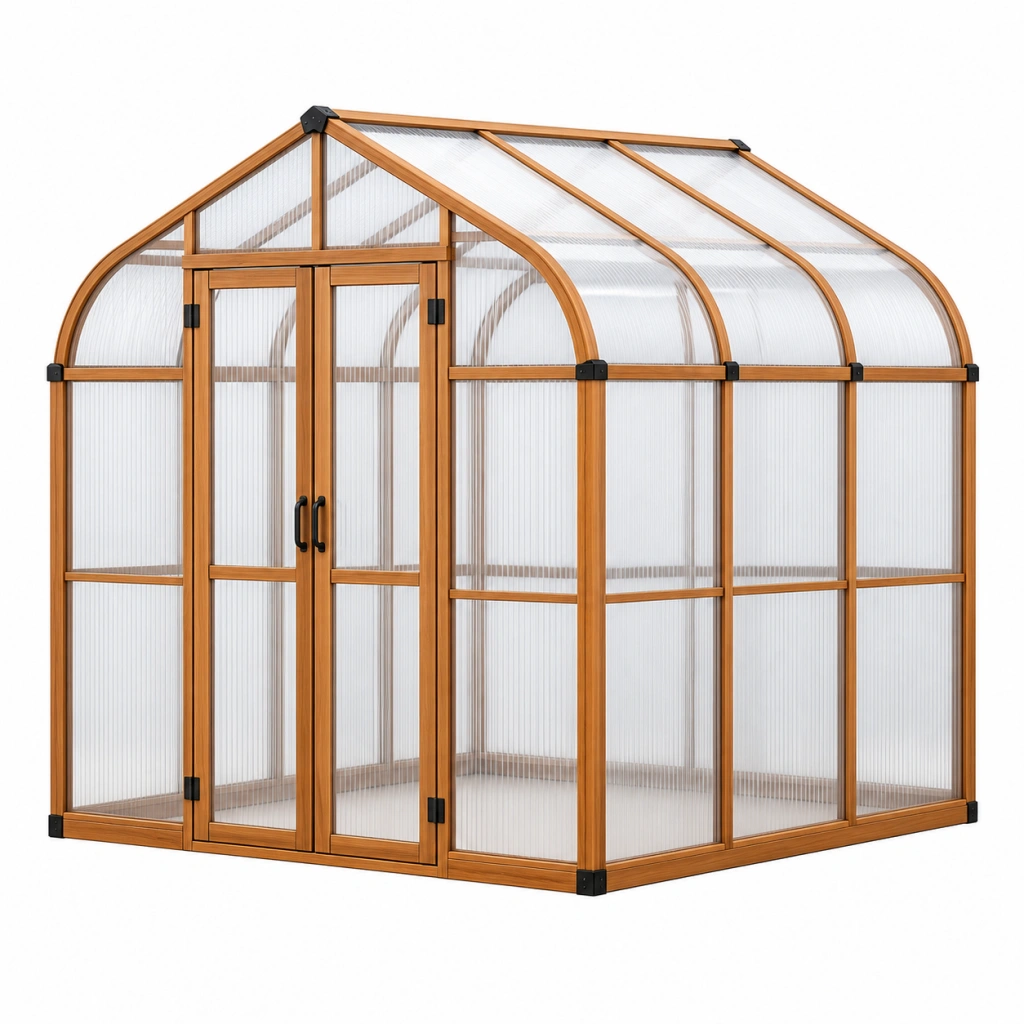 Serra da giardino 240 x 180 x 220 cm in legno marrone e pannelli trasparenti con tetto curvo