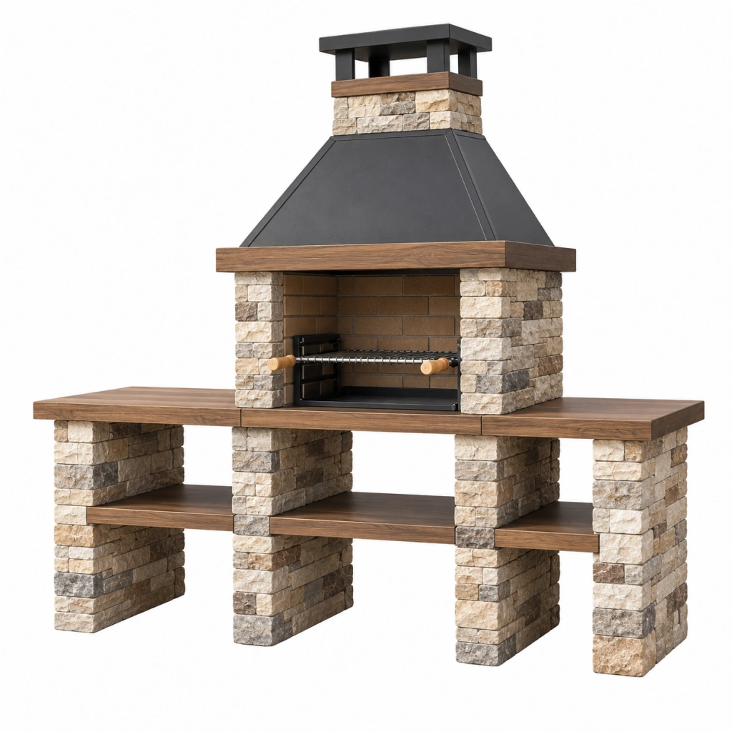 Barbecue da esterno 180 x 70 x 220 cm in pietra e metallo nero marrone con griglia stile rustico