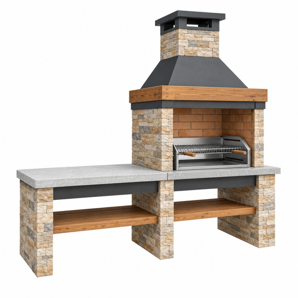 Barbecue da giardino 200x70x250 cm in pietra e acciaio grigio antracite con griglia per cottura esterna
