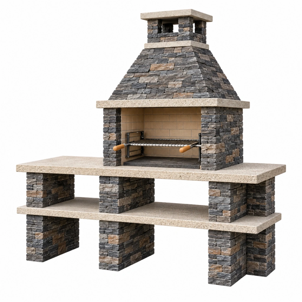 Barbecue da giardino in pietra 200 x 70 x 240 cm con griglia in acciaio stile rustico
