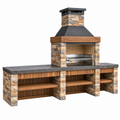 Barbecue da esterno 250 x 70 x 250 cm in pietra legno e acciaio nero stile rustico con camino