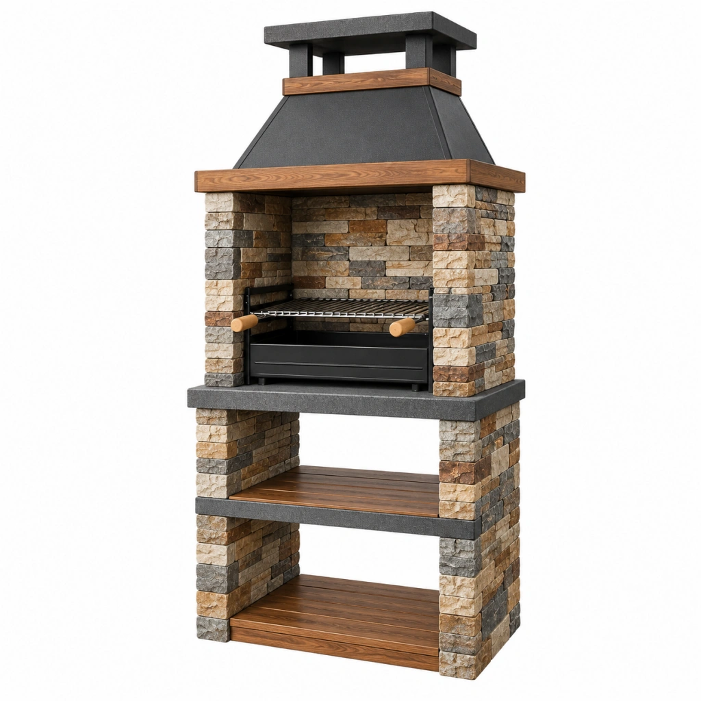 Barbecue da giardino 100 x 70 x 220 cm in pietra metallo e legno marrone nero con griglia e ripiani