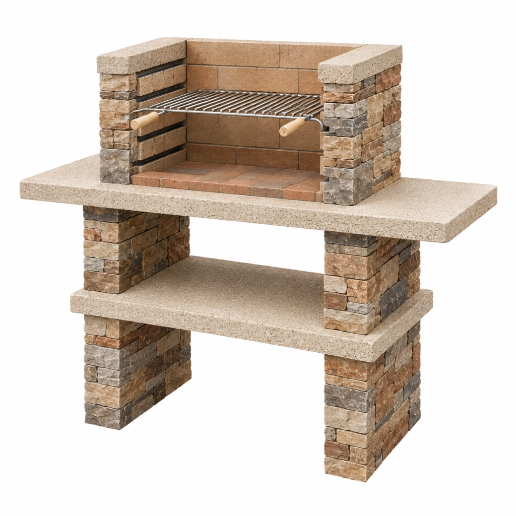 Barbecue da giardino 120 x 70 x 170 cm in pietra beige con griglia in acciaio - struttura rustica a legna