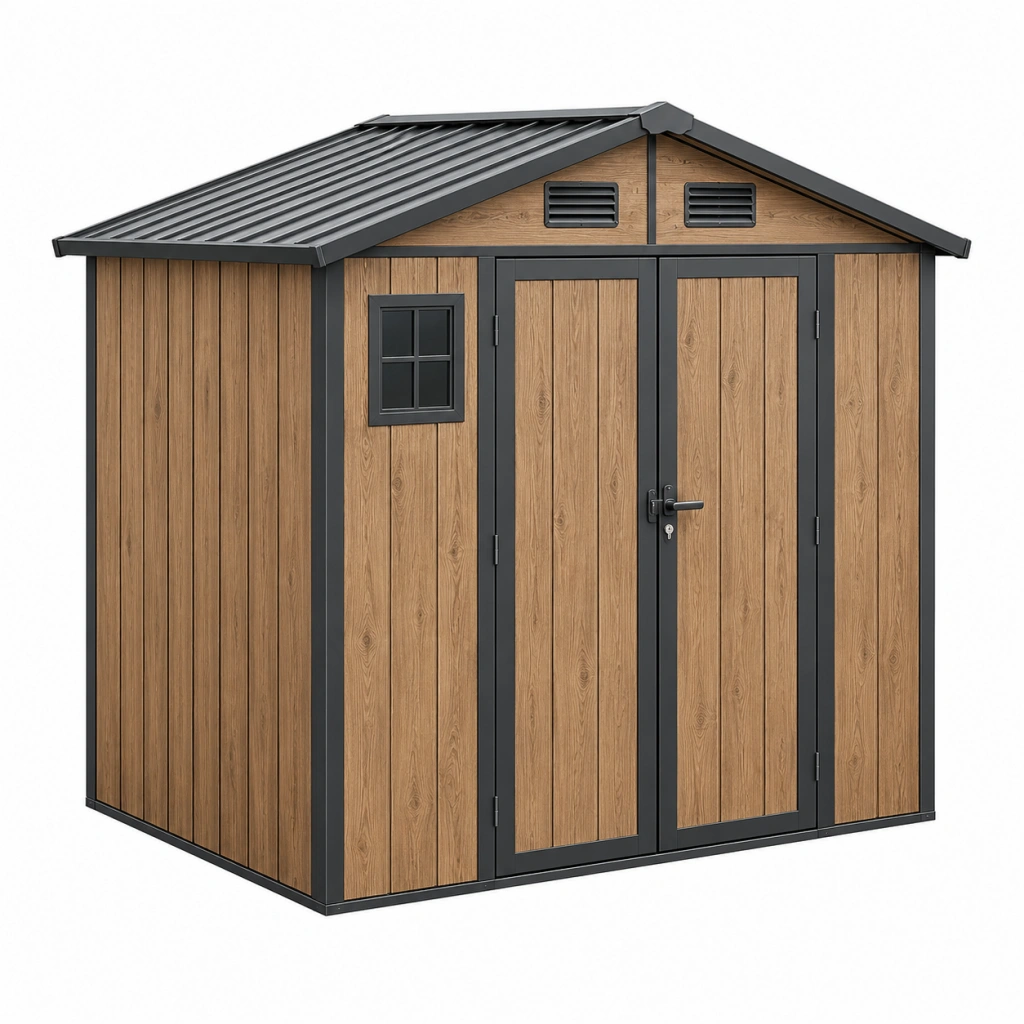 Casetta da giardino 213 x 130 x 185 cm in metallo effetto legno con doppia porta e finestra