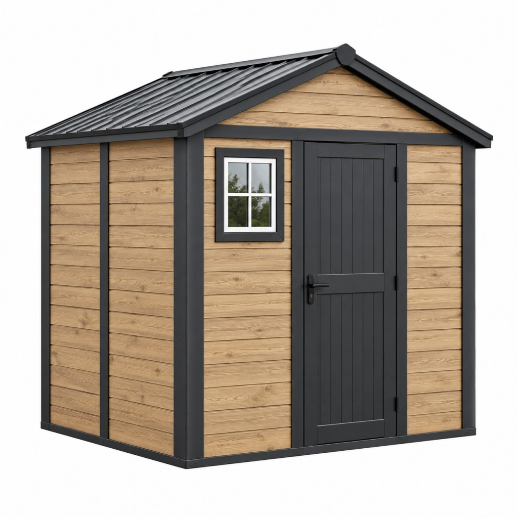Casetta da giardino 200 x 150 x 200 cm in legno naturale e metallo antracite con tetto inclinato