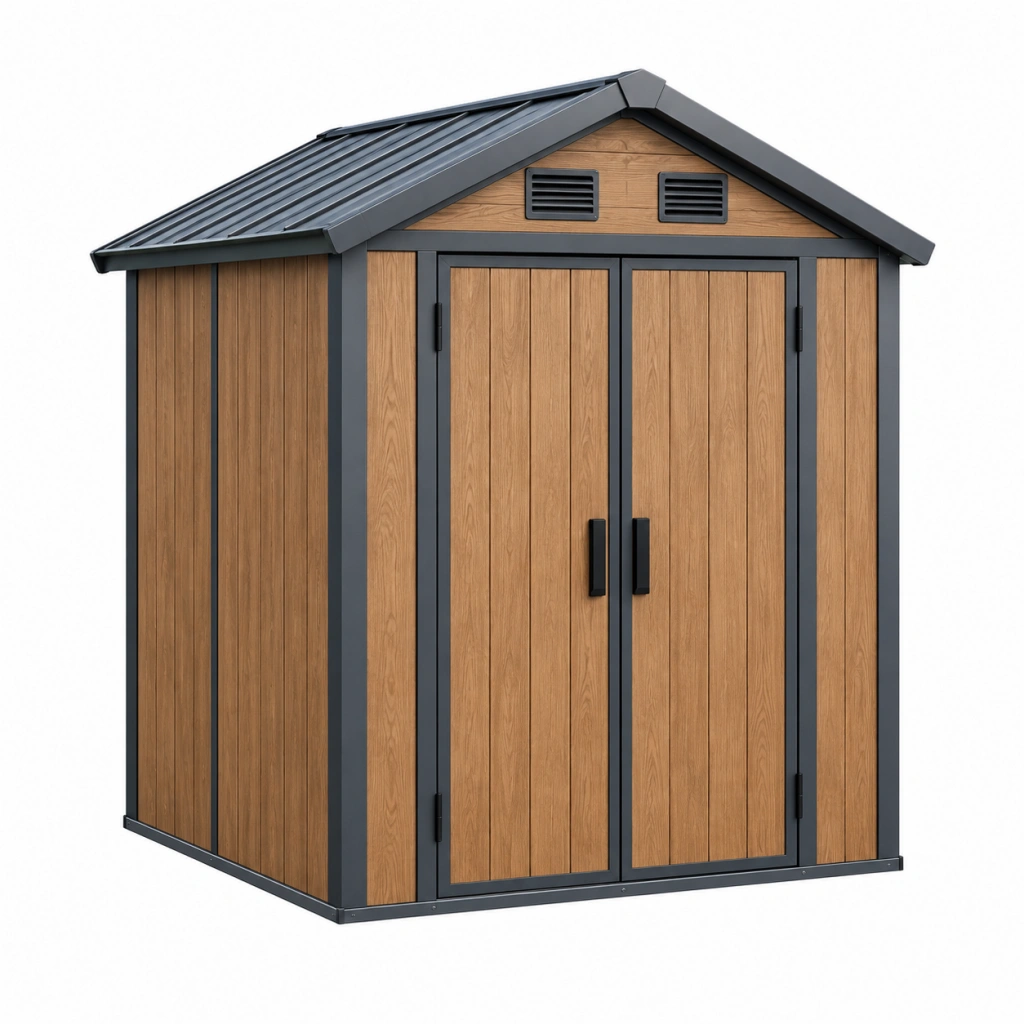 Casetta da giardino 180 x 120 x 190 cm effetto legno con struttura in metallo e doppia porta