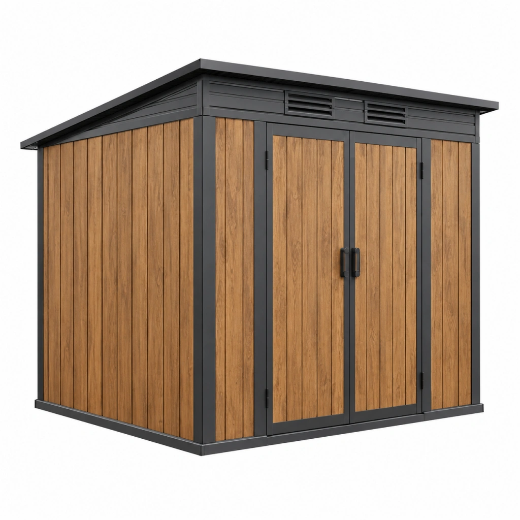 Casetta da giardino 220 x 180 x 200 cm effetto legno marrone e nero con doppia porta ventilata